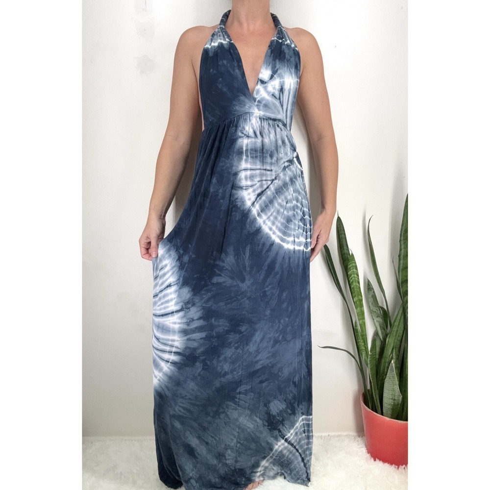 Vtg Y2K Boho Tie Dye Maxi Dress S Halter Coastal Beach Resort Hippie Vacation